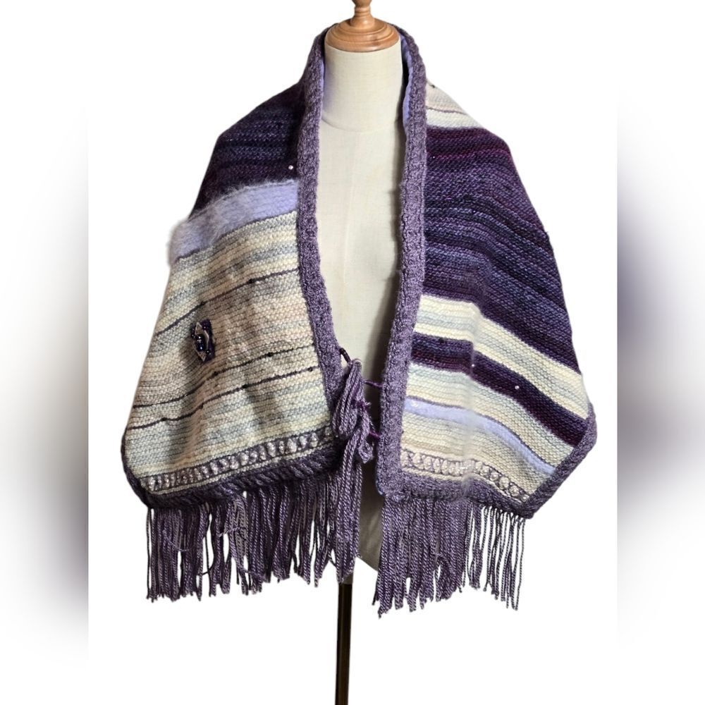 Purple and Cream Striped Hand Knit Shawl with Fringe And Embellishments